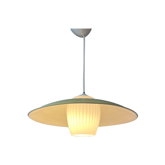 Mid Century Deense Hanglamp Met Gele Metalen Kap En Opaline Glazen Kap 1