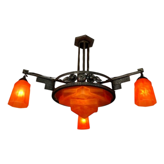 Art Deco Hanglamp Met Glazen Schaal En 3 Kelkjes, Jaren 30 1