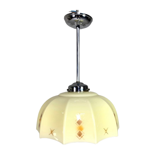 Art Deco Hanglamp Met Glazen Tienhoekige Kap, Jaren 30
