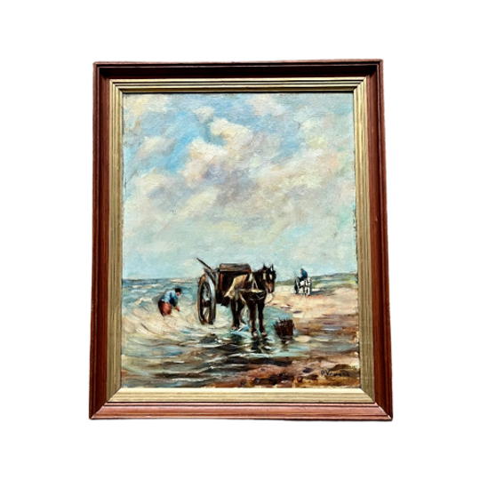 Vintage Olieverf Schilderij “de Schelpenvissers” 1