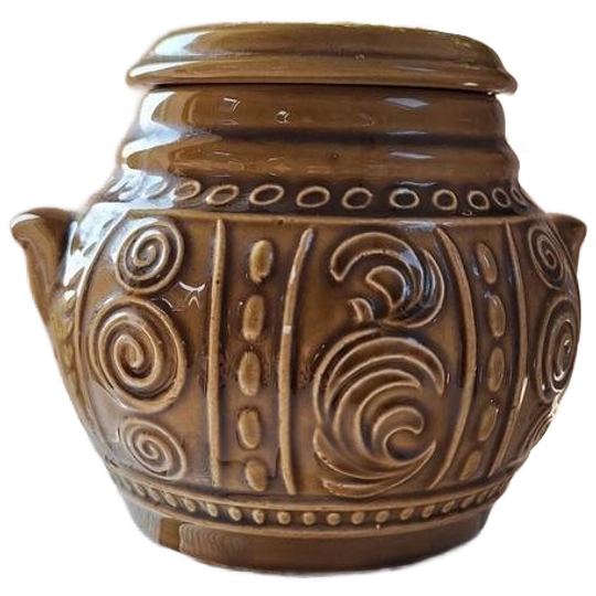 Vintage Aardewerk Pot Met Deksel, Ddr Sierlijke Pot, Reliëf 1
