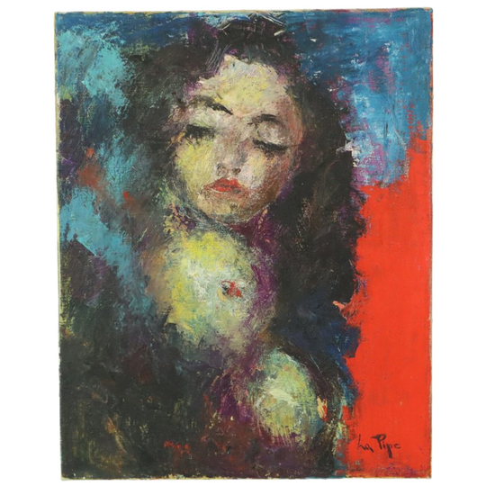 Vintage Abstract Schilderij Op Doek Naakte Vrouw La Pipe 1