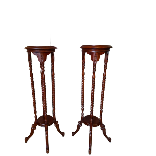 Klassieke Mahonie Houten Planten Tafels Bijzettafels, Afm. 28x28cm En 100cm Hoog. 1