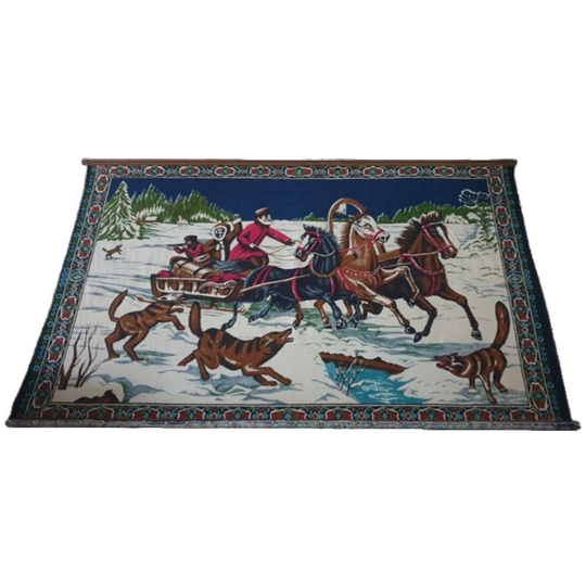 Groot Mid Century Pluche / Velvet Wandkleed Wolven Jacht 1
