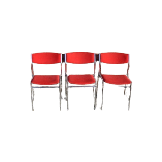 3 Stoelen Stapelbaar Metalen Crhoom Frame Met Rode Bekleding 1