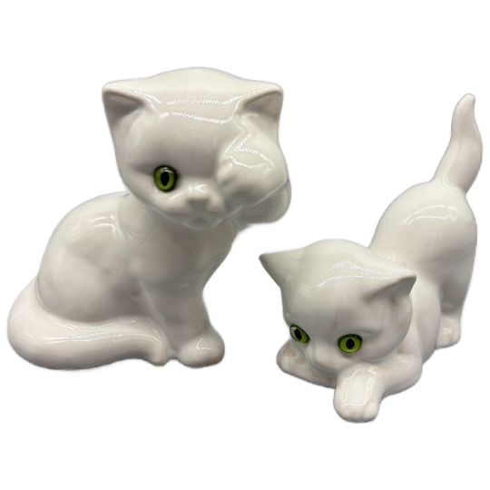 Set Katten Wit Keramiek Groen Glazen Ogen 2 Stuks 70's 1