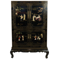Vintage Chinese Bar Kast Zwartgelakt Hout Zeepsteen Parelmoer