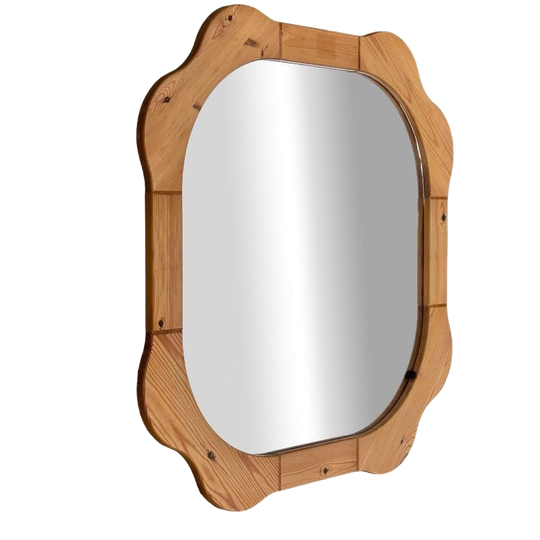 Vintage Spiegel Hout Pinewood Bloem Jaren 70 Design 1