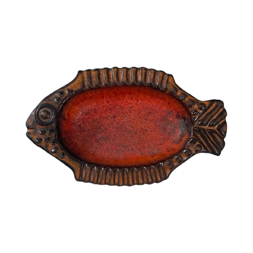 West Germany - Fish Shaped Bowl - Orange And Brown - Glazed Ceramic