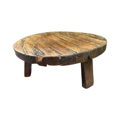 Vintage Massief Eiken Brutalist /Wabi-Sabi Ronde Salontafel