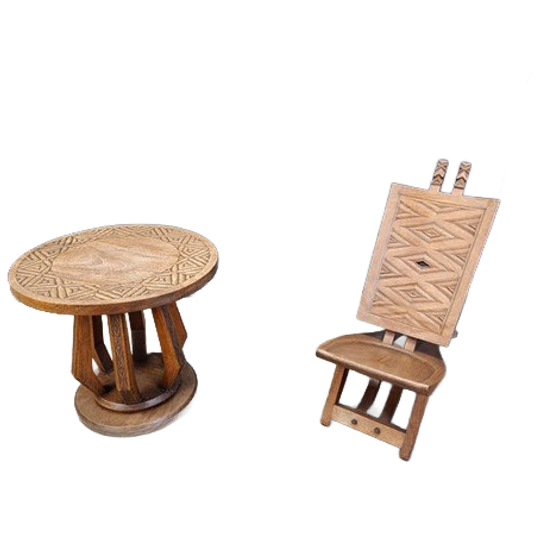 African Ceremonial Chief Chair With Table Hand Carved Wood 1960s 1