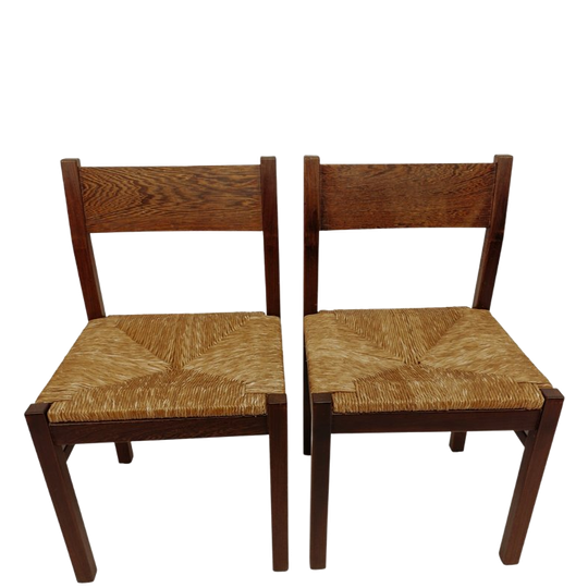 2x Vintage Wengé Houten Eetkamerstoelen Met Gevlochten Zitting 1