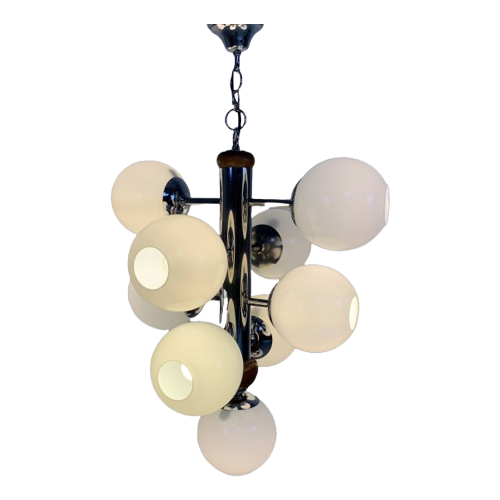 Chromen Vintage Hanglamp Met 9 Witte Glazen Bollen, Jaren, 60