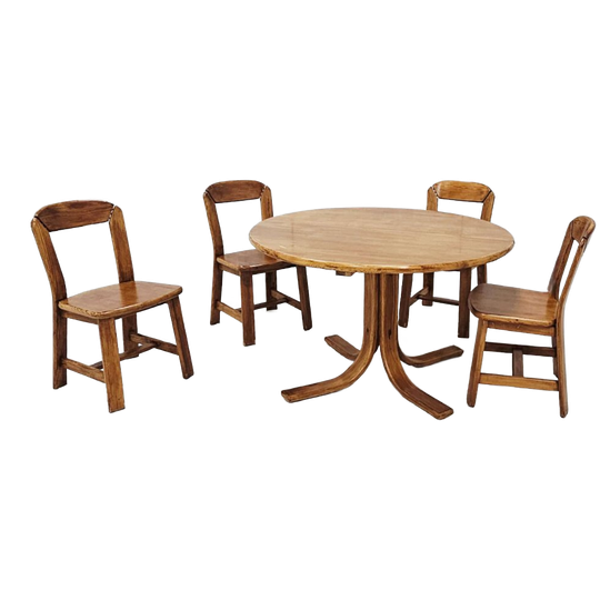 Vintage Grenenhouten Eethoek – Ronde Tafel Met 4 Bijpassende Stoelen 1