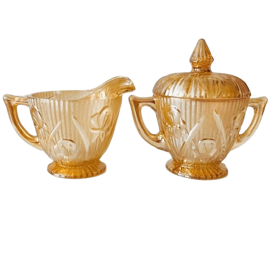 Vintage Roomstel Jeanette Carnival Glas Perzik 1930’s 1