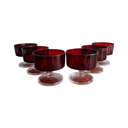 6 Vintage (Ijs)Coupes Of Dessert/Champagne Robijnrood Glazen Cavalier Luminarc Frankrijk 1