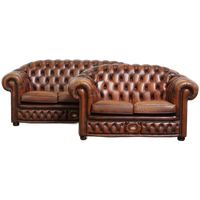 Mooie En Complete Set Van Een 2,5 Zits En 2 Zits Bruine Engelse Rundleren Chesterfield Bank
