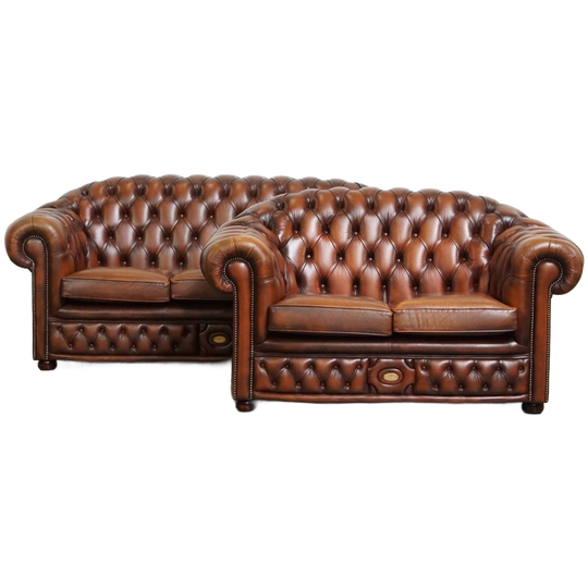 Mooie En Complete Set Van Een 2,5 Zits En 2 Zits Bruine Engelse Rundleren Chesterfield Bank 1