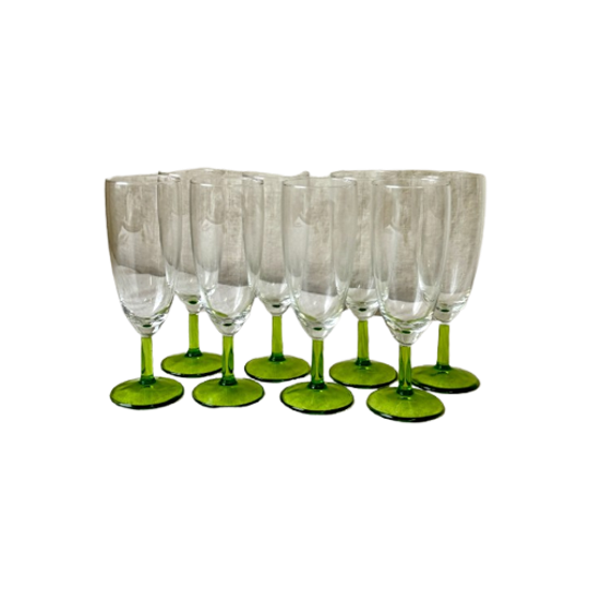 8X Vintage Champagne Flute Met Groene Voet, Reliving 1