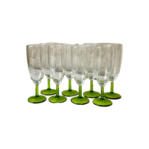 8X Vintage Champagne Flute Met Groene Voet, Reliving