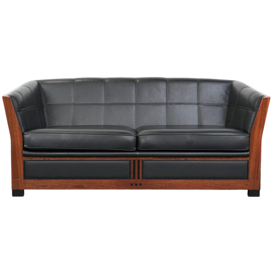 Indrukwekkende Art Deco Schuitema Zwart Lederen 2.5 Zits Design Bank Uit De Decoforma Serie Met Prachtig Houtwerk 1