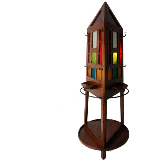 Unieke Art Deco Halstandaard Van Eikenhout / Parapluhouder - Obelisk-ontwerp Uit De Jaren 20 Met Glas-in-lood 1