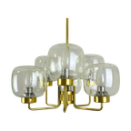 Vintage Kroonluchter / Plafondlamp 6 Glazen Bollen Messing thumbnail 1