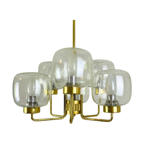 Vintage Kroonluchter / Plafondlamp 6 Glazen Bollen Messing