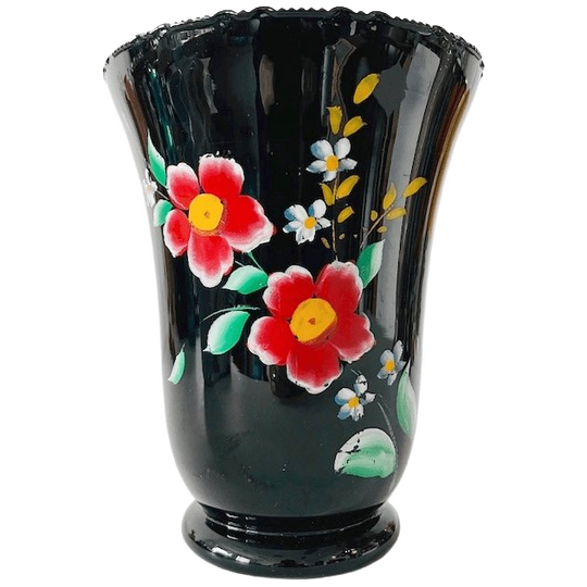 Grote Hyalith Glas Vaas Zwart Bloemen 1950’s 1