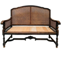 Vintage Antiek Houten Bankje Met Gevlochten Rugleuning