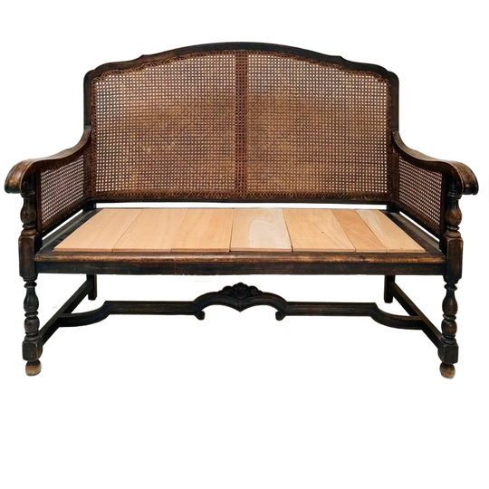 Vintage Antiek Houten Bankje Met Gevlochten Rugleuning 1