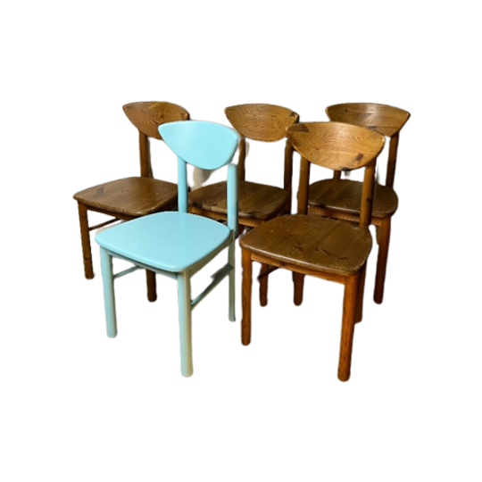 5x Vintage Grenen Keuken Stoelen, Nieuwe Gelakt, Daumiller Style 1