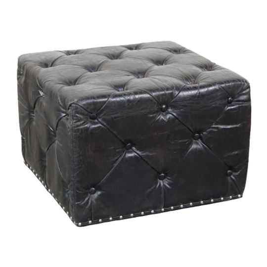 Grote, Luxe, Zwarte Vierkante Chesterfield Hocker/salontafel Gemaakt Van Rundleer 1