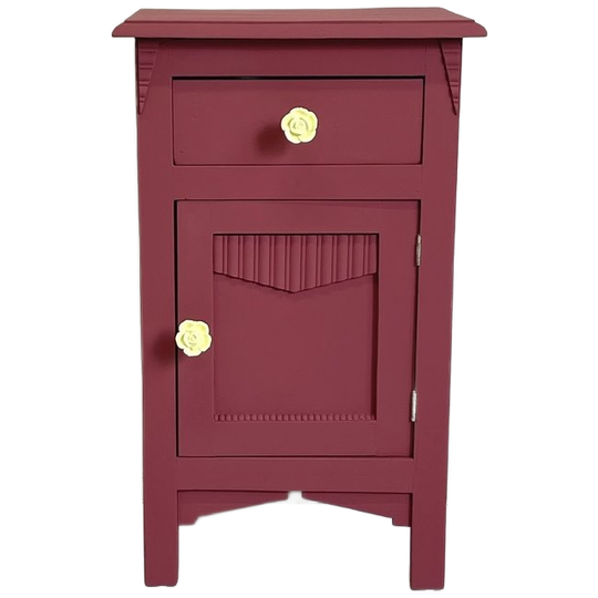 Restyle Frans Nachtkastje Antiek Diep Bordeaux & Porseleinen Knop 1