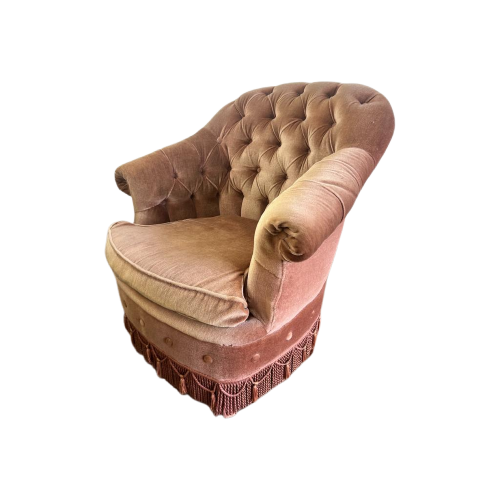 Vintage Oudroze Fauteuil / Eenzit Met Franjes