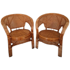 Een Paar Vintage Boho Stijl Rotan Webbing Fauteuils. thumbnail 1