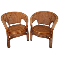 Een Paar Vintage Boho Stijl Rotan Webbing Fauteuils.