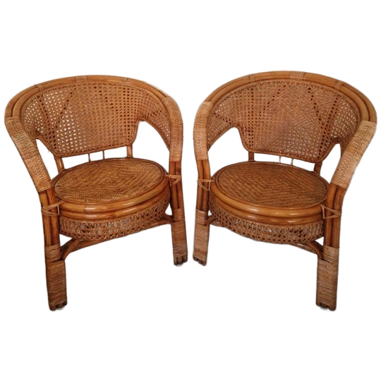 Een Paar Vintage Boho Stijl Rotan Webbing Fauteuils. 1
