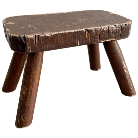 Kleine Vintage Rustiek Brutalist Houten Melkkruk / Bijzettafeltje 1
