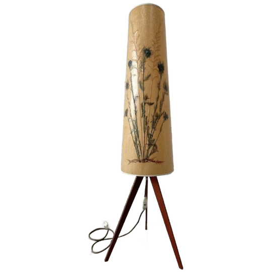 Vintage Vloerlamp - Teak Driepoot Voet - Droogbloemen Uniek 1