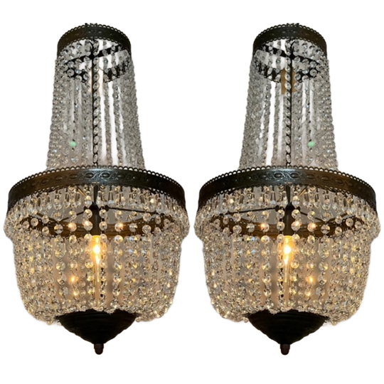 2 Stuks Vintage Kristallen Kroonluchters Hanglampen Brons Frame 1