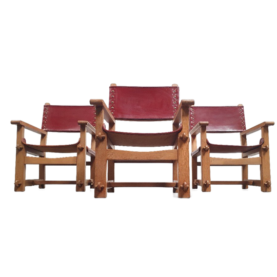 Brutalist Vintage Massief Eiken Stoel Arts & Crafts Leer 1