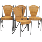 Leuke Set Van 4 Vintage Design Eetkamerstoelen Van Frederick Weinberg Van Gietijzer En Riet thumbnail 1