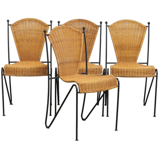 Leuke Set Van 4 Vintage Design Eetkamerstoelen Van Frederick Weinberg Van Gietijzer En Riet 1