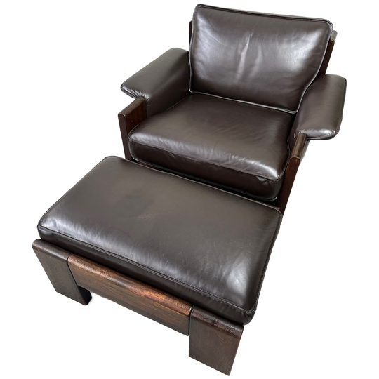 Vintage Leolux Bruinkleurige Lederen/eiken ‘lounge Chair And Ottoman’ Van Harry De Groot – 1970 1