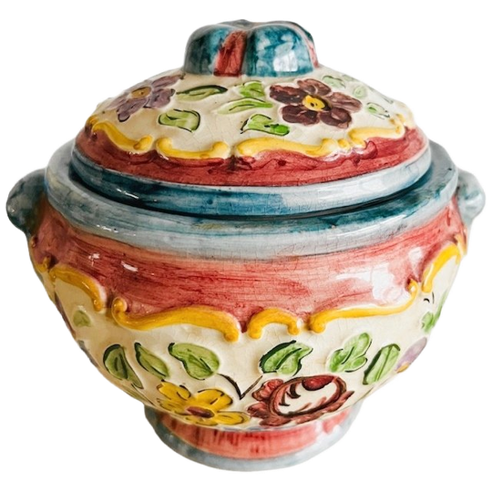 Vintage Mid-century Handgeschilderde Bonbonnière Rigo Majolica Bloemen Dekselpot 1950’s 1