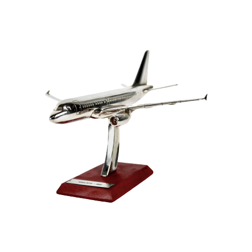 Scale Model Of An Airplane (Silver Plated) - Mounted On Wooden Base - Airbus A318 (2002)