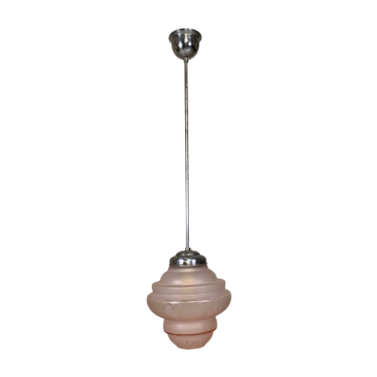 Art Deco Hanglamp Met Roze Glazen Kap, Jaren 30 1