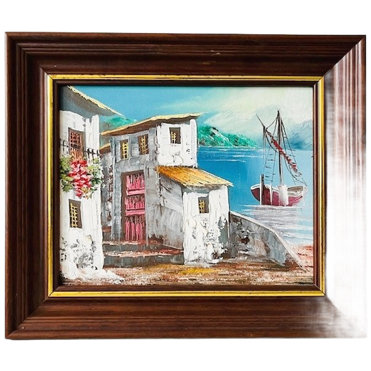 Vintage Mediterraans Olieverfschilderij Zeezicht Patio 1