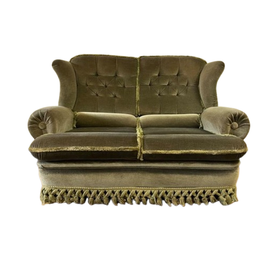 Vintage Groene Tweezit / Zetel / Canapé Met Franjes 1